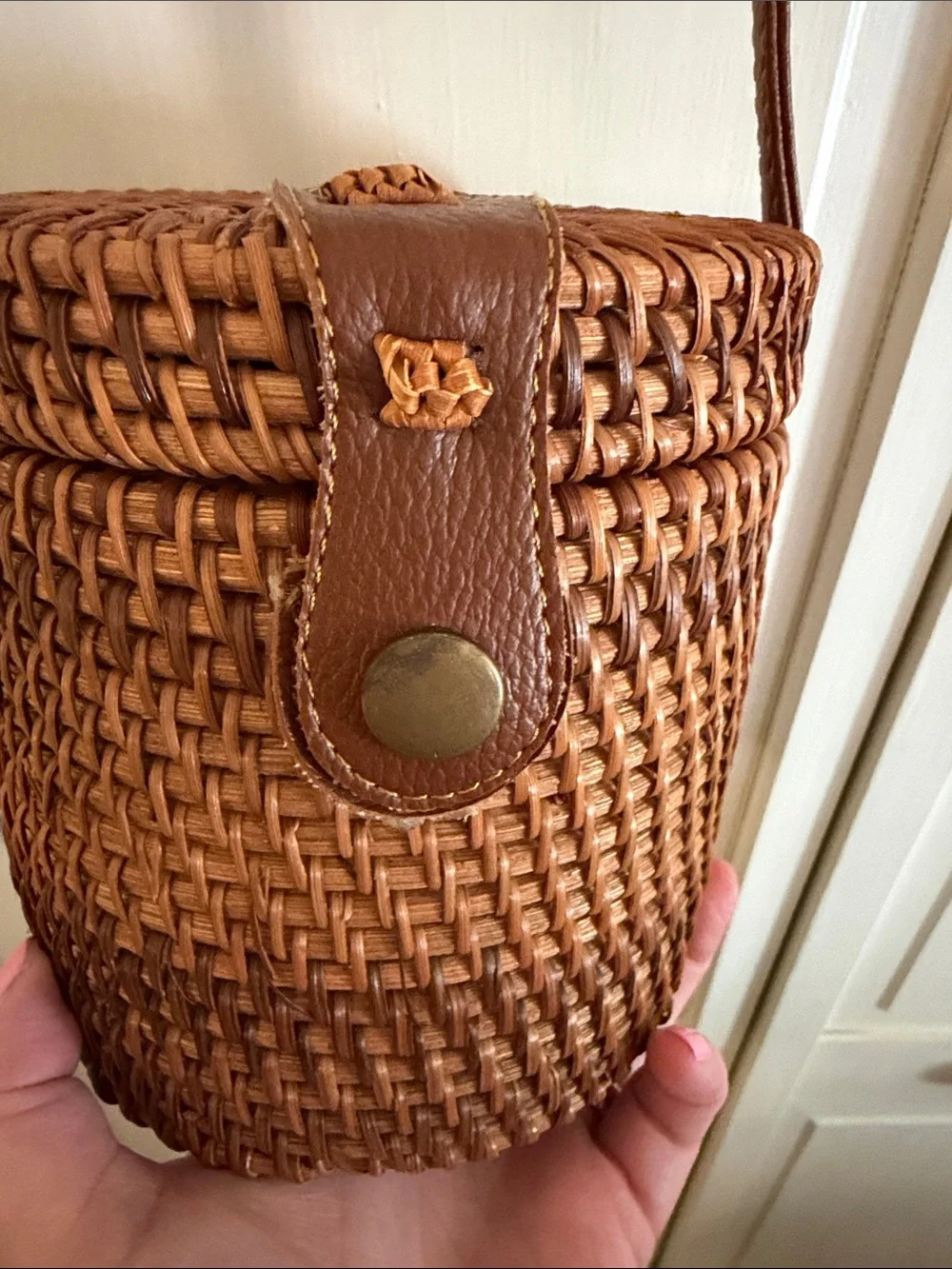 Brown Woven Cylinder Crossbody Bag